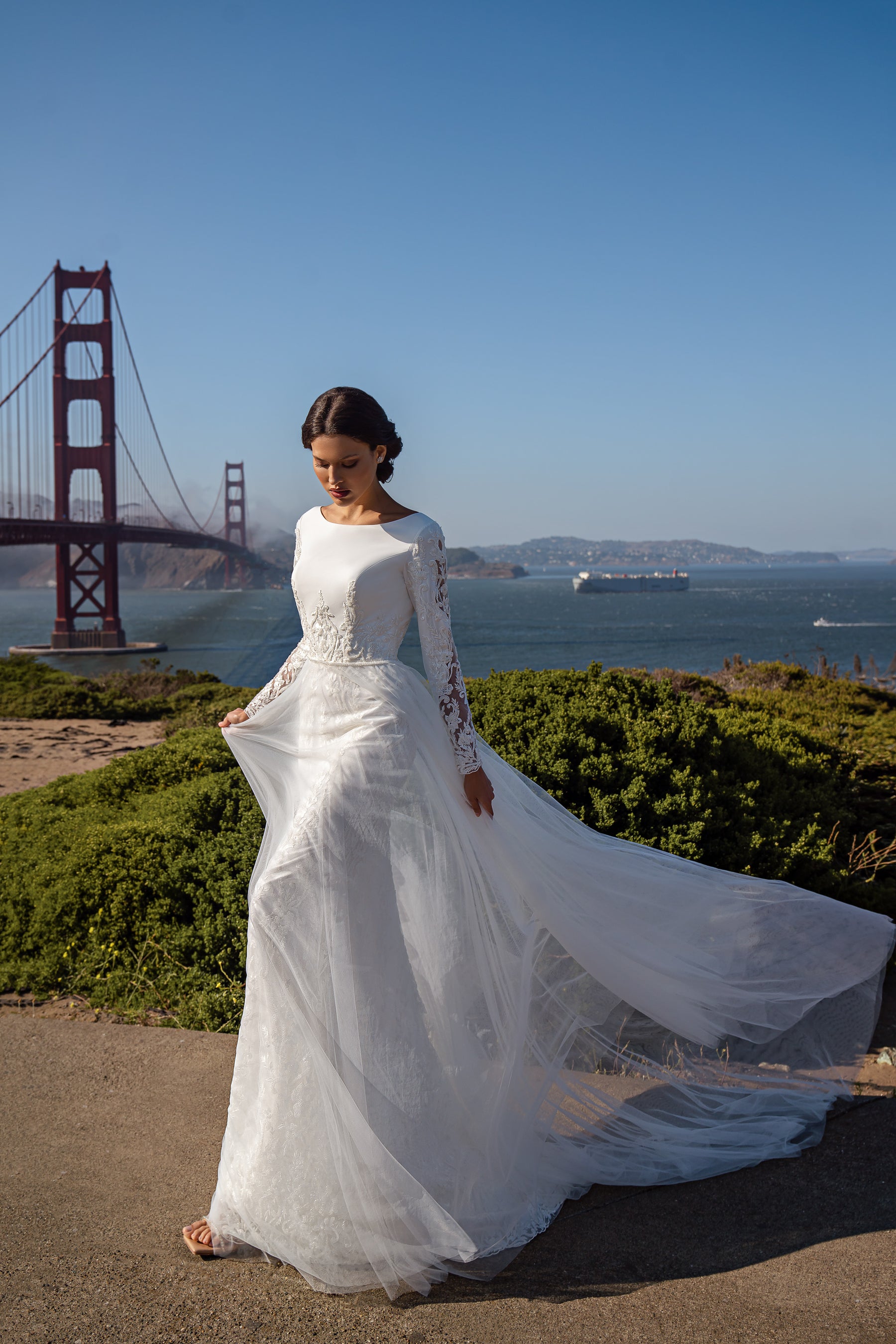 Sheath Wedding Dress with Long Lace Sleeves and Detachable Overskirt