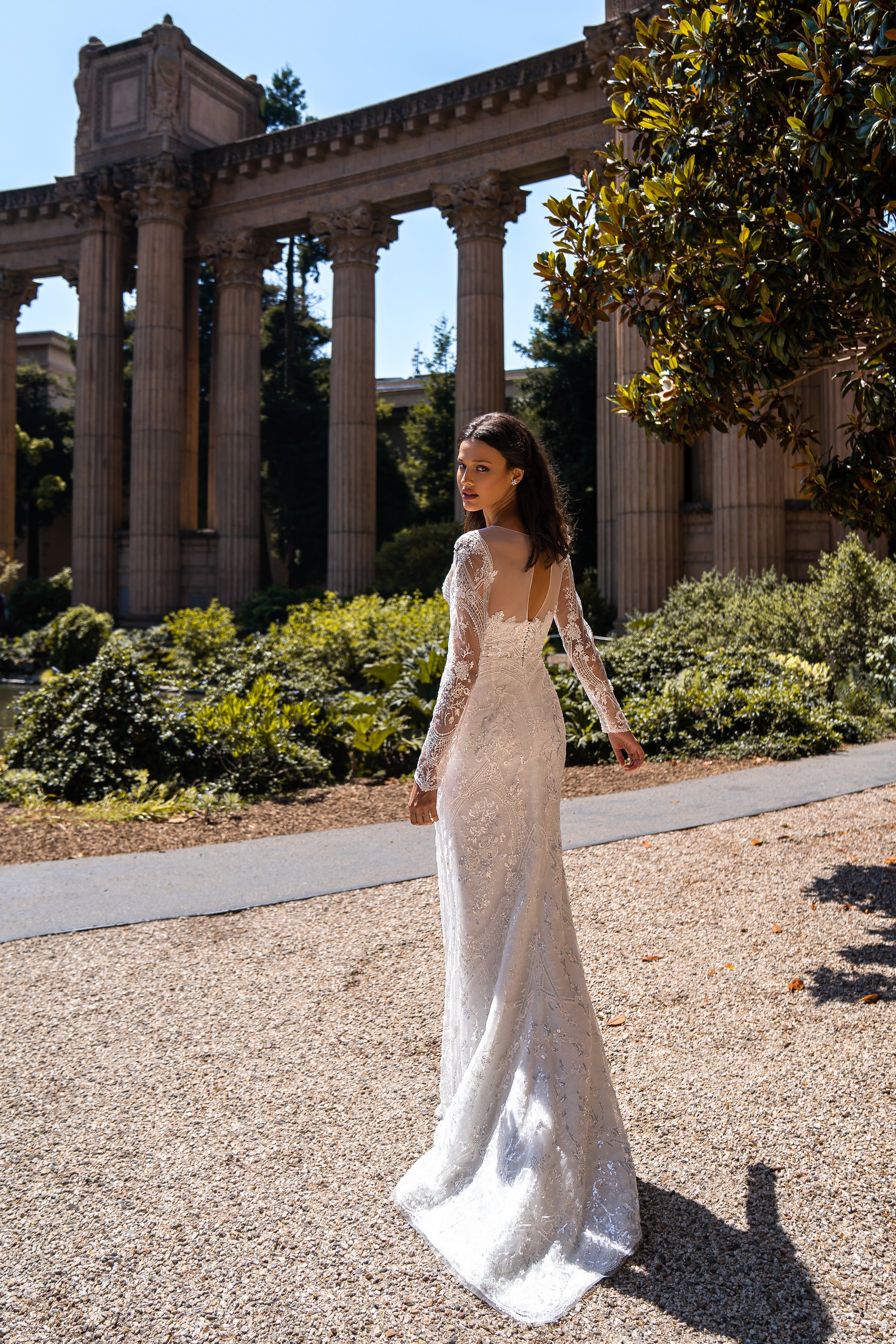 Sheath Wedding Dress with Long Lace Sleeves and Overskirt