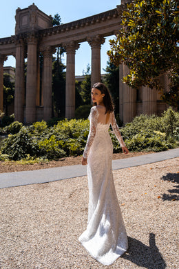 Sheath Wedding Dress with Long Lace Sleeves and Overskirt
