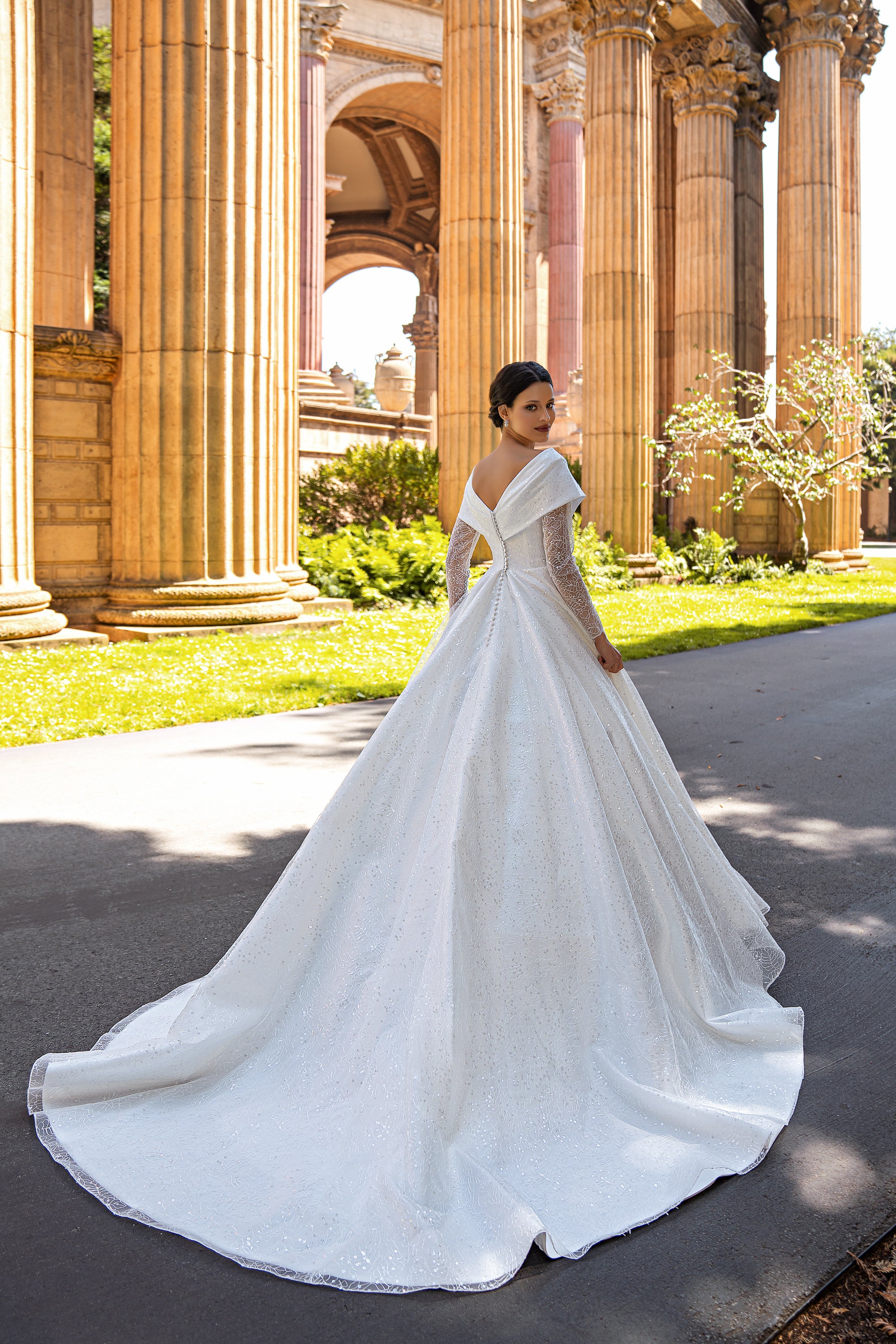 A-Line Wedding Dress with Off-the-Shoulder Neckline and Lace Sleeves