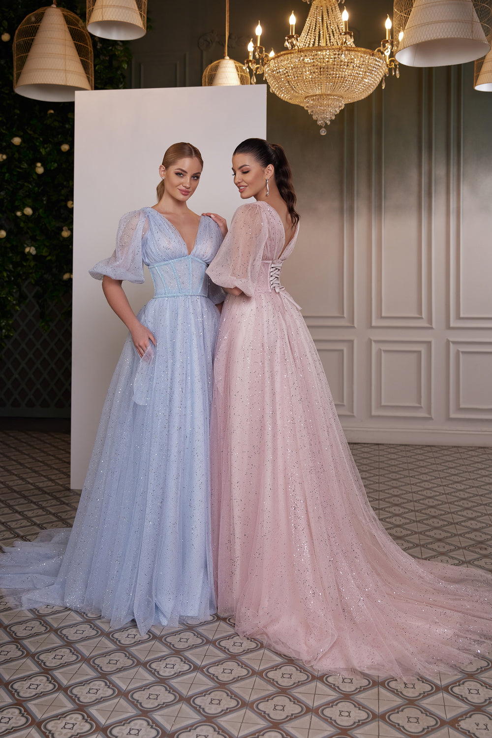 Women's Tulle Dress with Sequins Decoration and Lacing Back