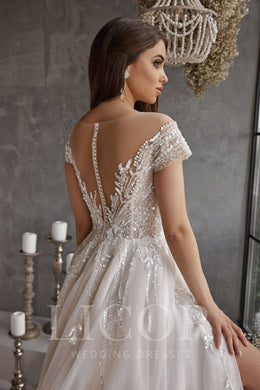 A-Line Wedding Dress With Lace Appliqués And Beading On Tulle, Illusion Off-The-Shoulder Neckline, Cathedral Train, Romantic Luxury