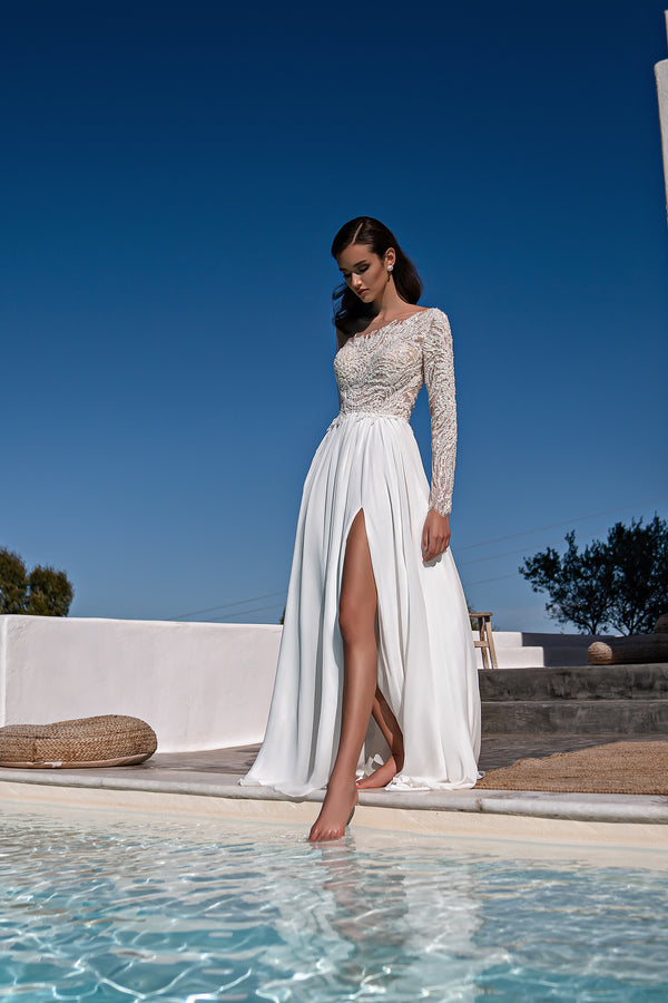 Luxurious Wedding Dress with Asymmetrical Embellishment, Long Sleeves, Semi-Sheer Corset, Detachable Belt, Multi Chiffon Skirt, and Guipure Decoration with Beads, Crystal, Pearls, and Sequins
