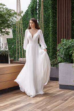 A-Line Wedding Dress With Deep V-Neck, Long Bishop Sleeves, Satin Crepe Skirt and Sweep Train
