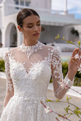 A-Line Wedding Dress with High Neck and Floral Lace