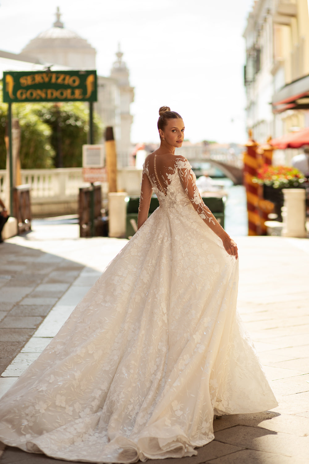 V-Neck A-Line Lace Bridal Dress with Long Lace Sleeves and Buttons Back