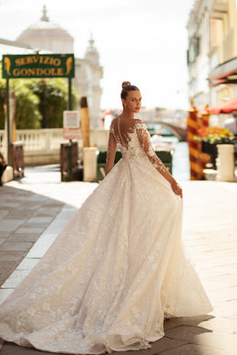 V-Neck A-Line Lace Bridal Dress with Long Lace Sleeves and Buttons Back