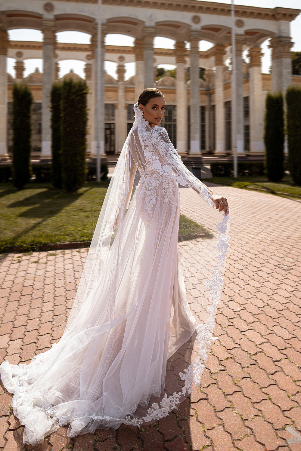Women's Long Sleeve Wedding Dress with Guipure Embroidery and Queen Anne Neckline