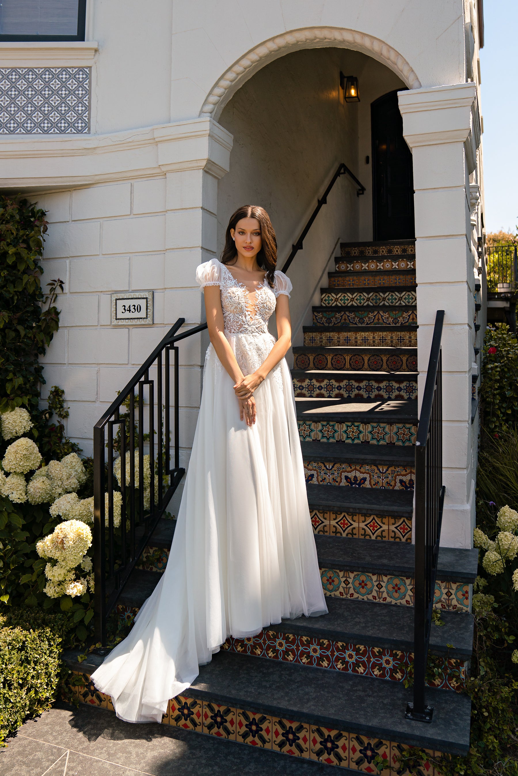 A-Line Wedding Dress with Detachable Puff Sleeves