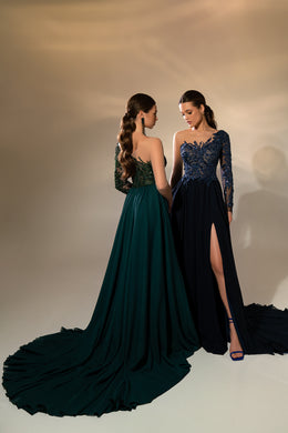 Women's Elegant Asymmetrical Evening Dress with Long Train and Guipure Embellishments