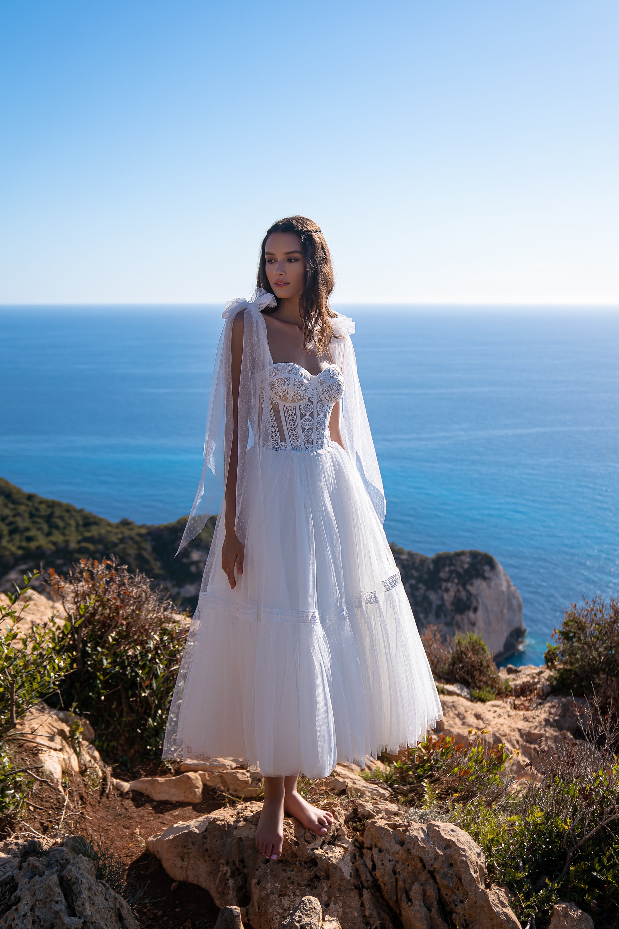 Tea-Length A-Line Wedding Dress with Lace Corset and Shoulder Bows