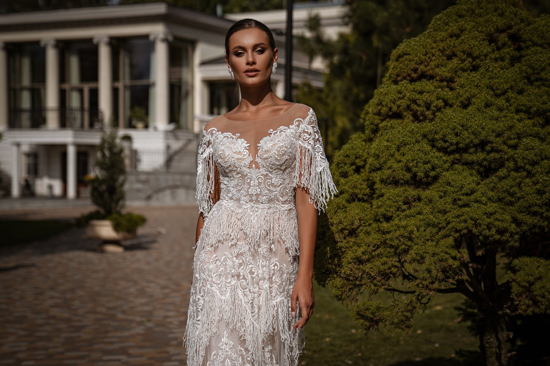 Sheath Wedding Dress with Illusion Neckline and Beaded Fringe