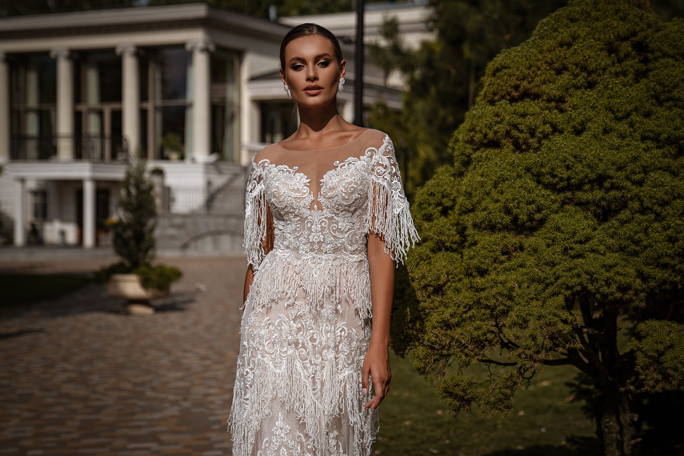 Sheath Wedding Dress with Illusion Neckline and Beaded Fringe