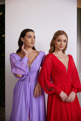 Women's Deep V-Neck Party Dress with Slit Skirt and Puffy Sleeves