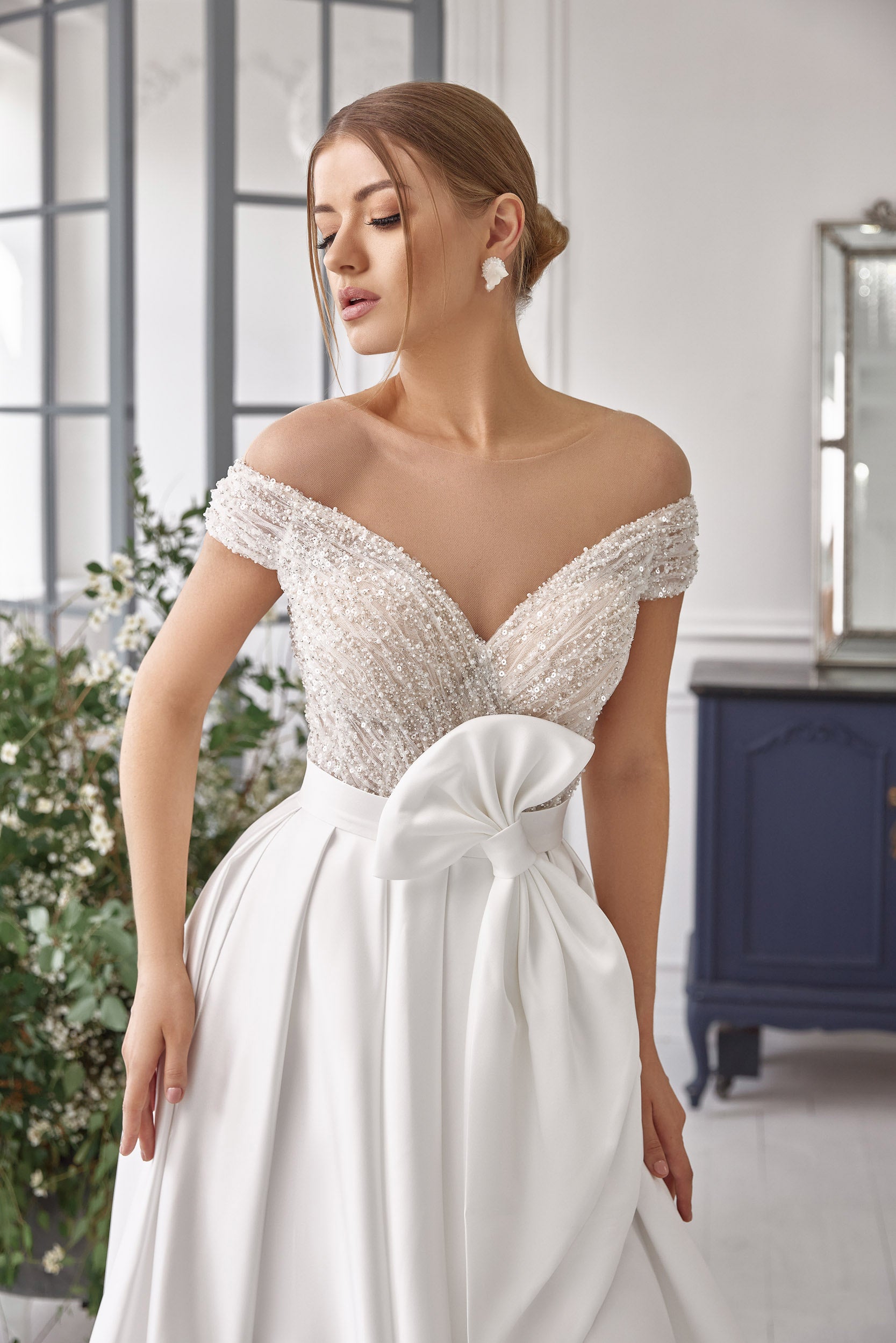 A-Line Satin Wedding Dress with Illusion Back and Off-Shoulder Bodice