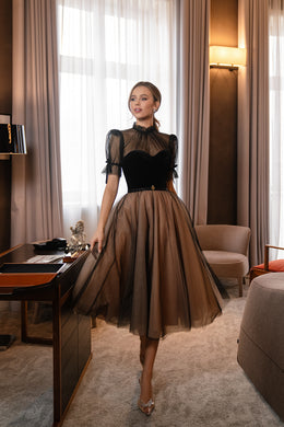 Designer Velvet Cocktail Dress with Detachable Translucent Bolero and Ribbon Accent