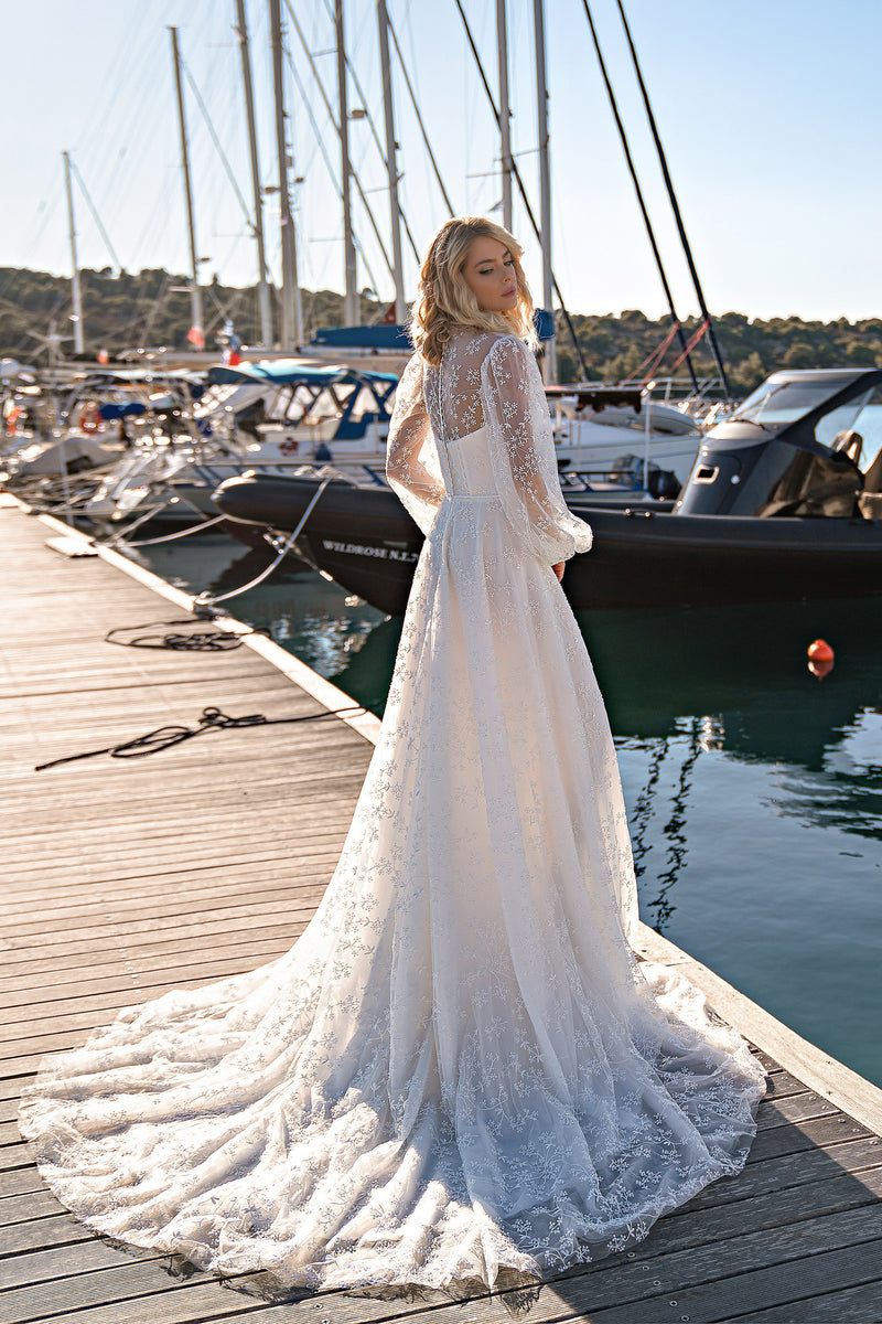 A-Line Wedding Dress with High Neck Embroidery