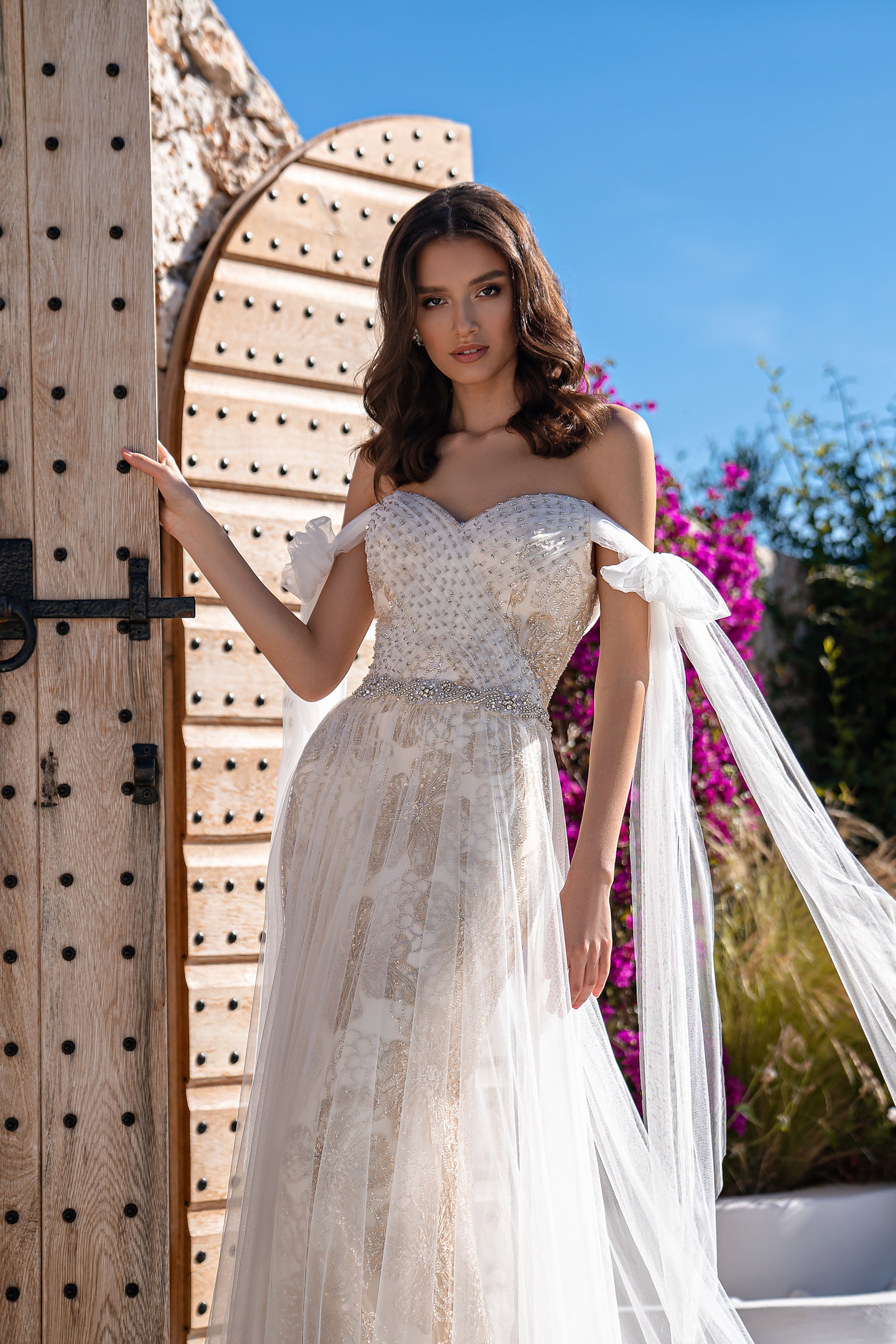 Champagne Beaded Sheath Wedding Dress with Tulle Bow Sleeves