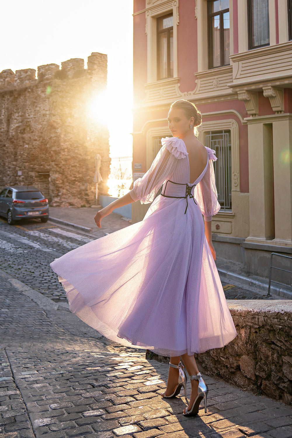 Women's V-Neck V-Back Tea-Length Evening Dress