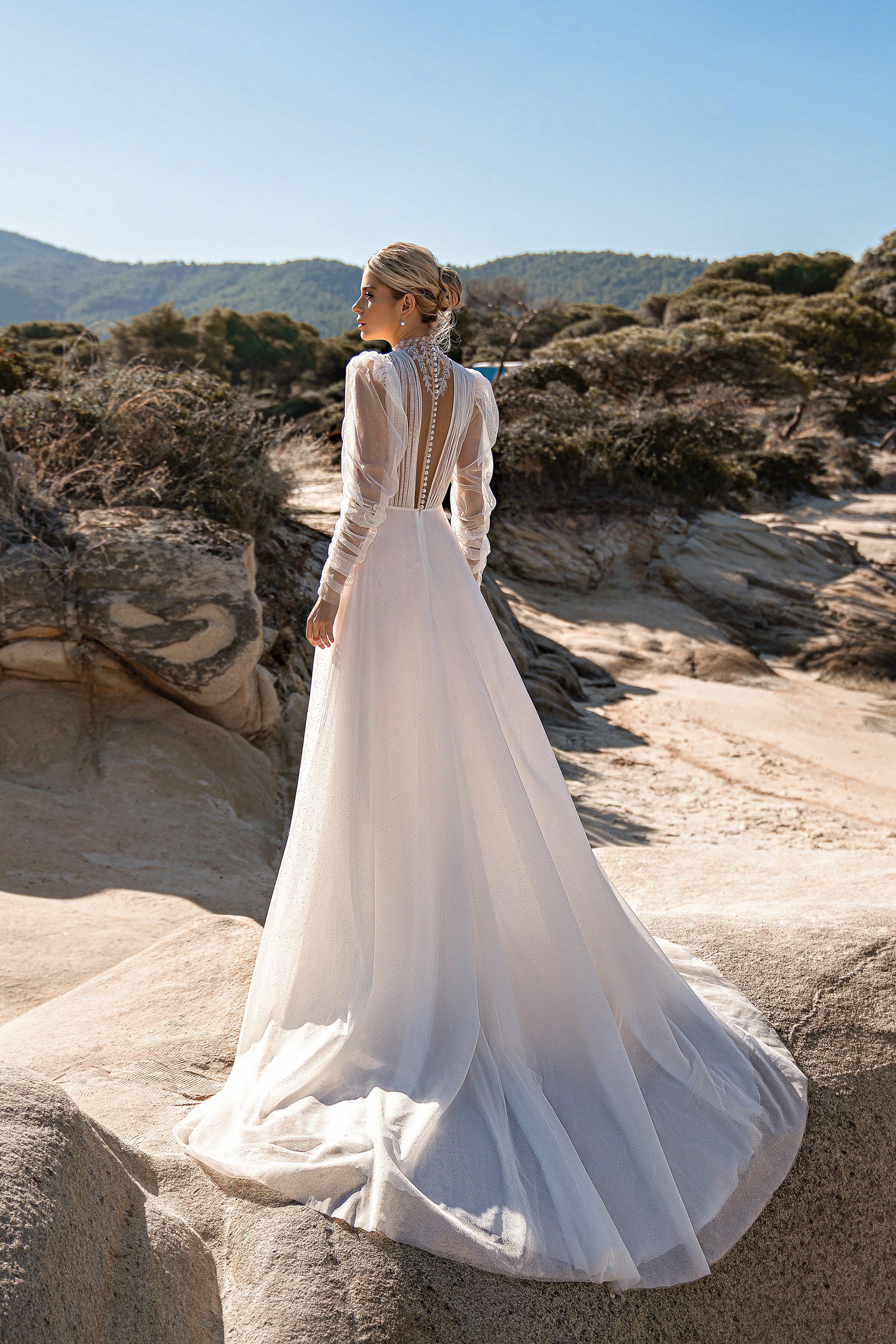 Sparkly A-Line Wedding Dress with High Neck and Long Sleeves