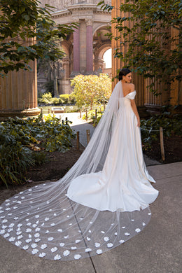 Women's Exquisite Royal Satin Wedding Dress with 3D Flower Embroidery and Pockets