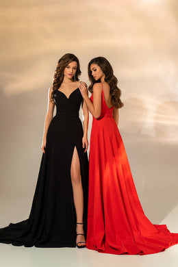 Women's Minimalistic Elegant Evening Dress with Detachable Belt and Long Train