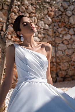 Mikado Wedding Dress with Asymmetric Draped Corset, Detachable Draped Element, Luxurious Skirt with Train, and Hand Embroidered with Crystal