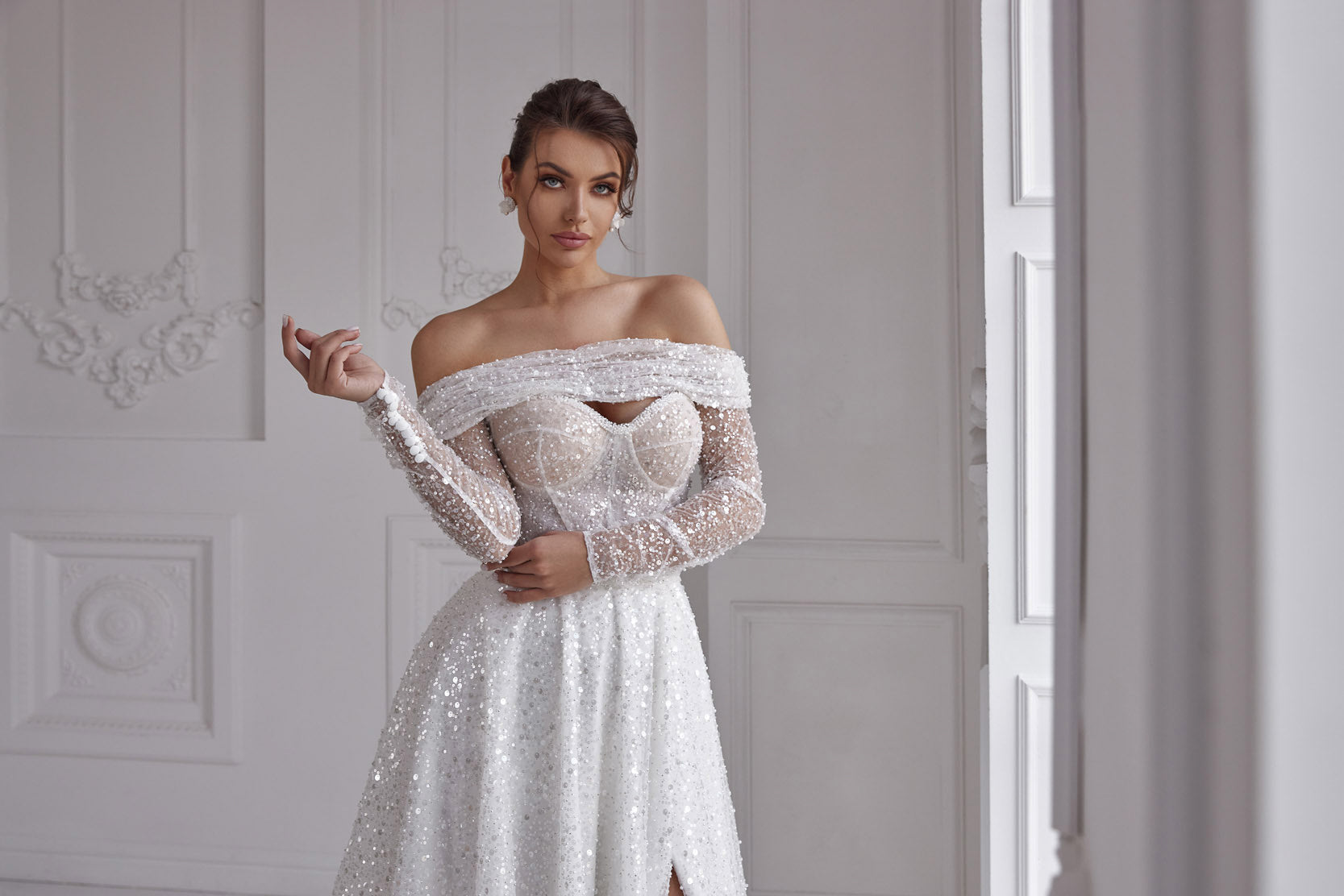 Sparkly A-Line Wedding Dress with Detachable Sleeves