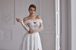 Sparkly A-Line Wedding Dress with Detachable Sleeves