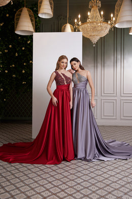 Red and lavender satin evening dress designs with embellished sheer bodices and long sweeping trains