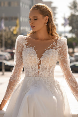 Luxurious Rich Wedding Dress with Voluminous Sequined Chantilly Sleeves, Attractive V-Neck Corset and Embellished with Embroidered Beaded Guipure