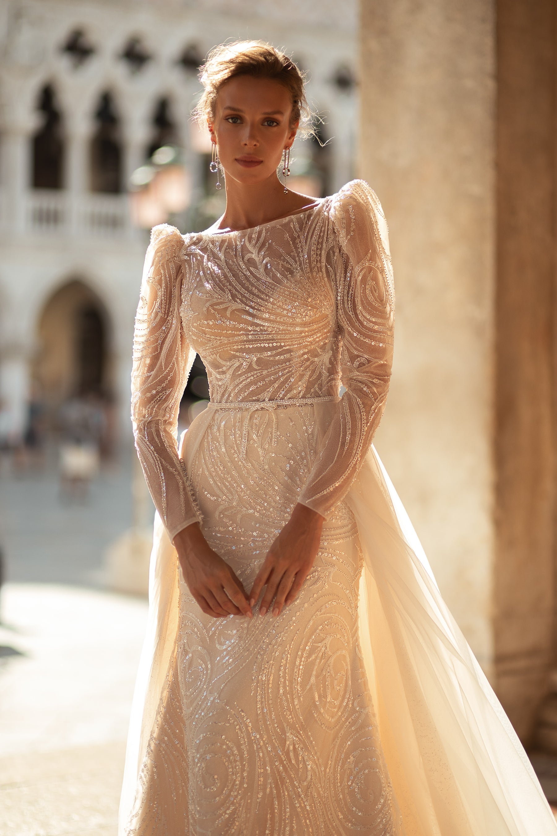 Fit-and-Flare Wedding Gown with Long Sleeves and Detachable Tulle Skirt