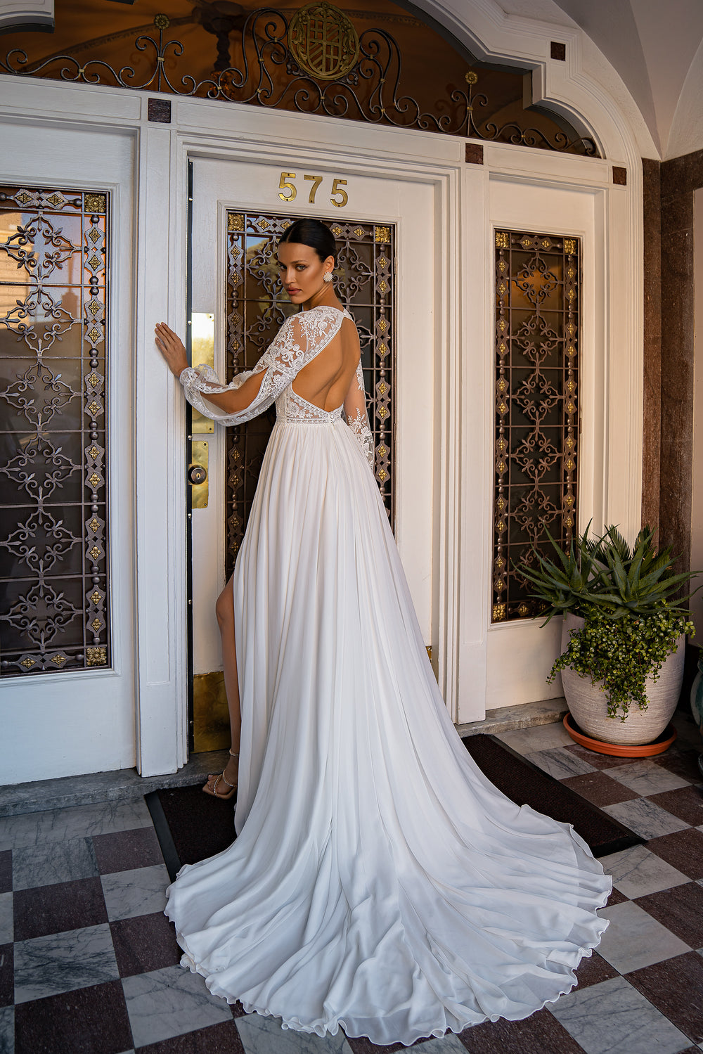 Women's Boho Wedding Dress with Long Sleeves, Train, Guipure, Sequins, and Lace