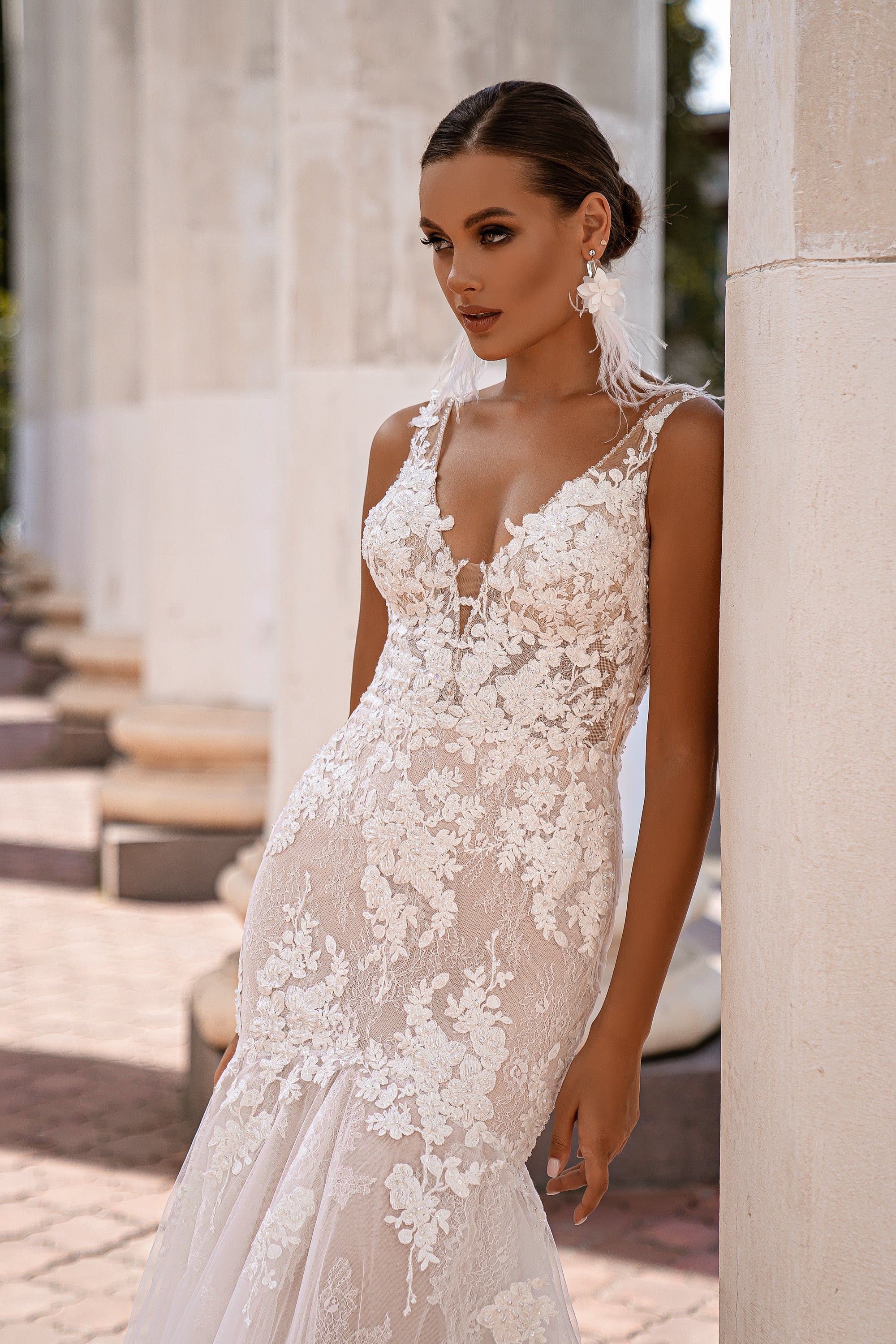 Mermaid Wedding Dress with Floral Lace and Beaded Illusion Back