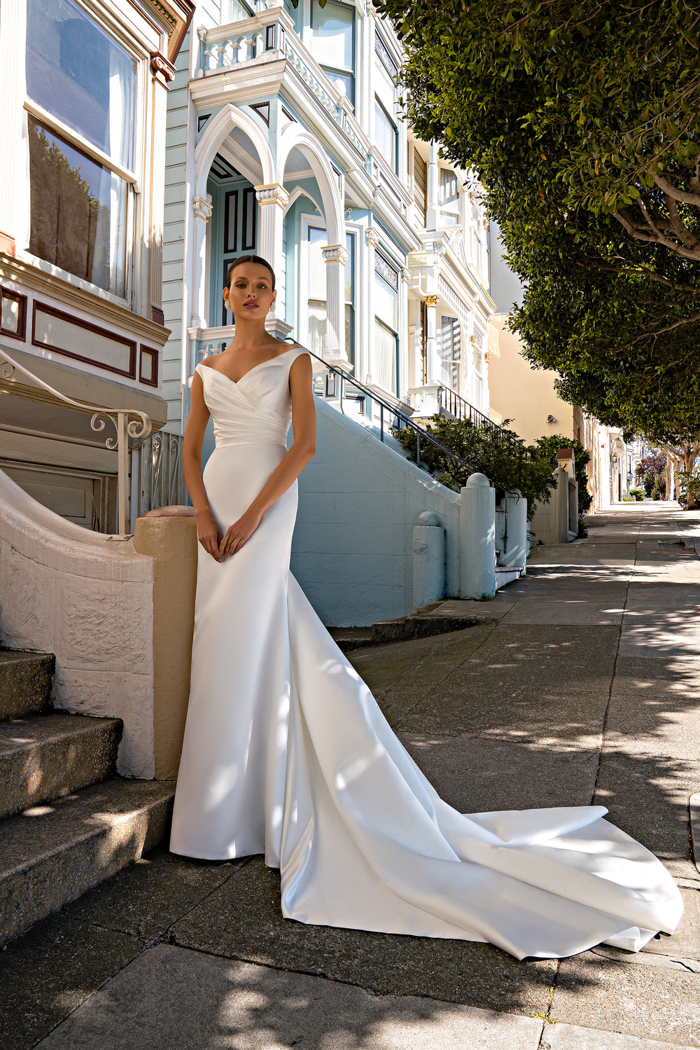 Elegant Satin Mermaid-Silhouette Wedding Dress with Open Shoulders and Asymmetric Drapery