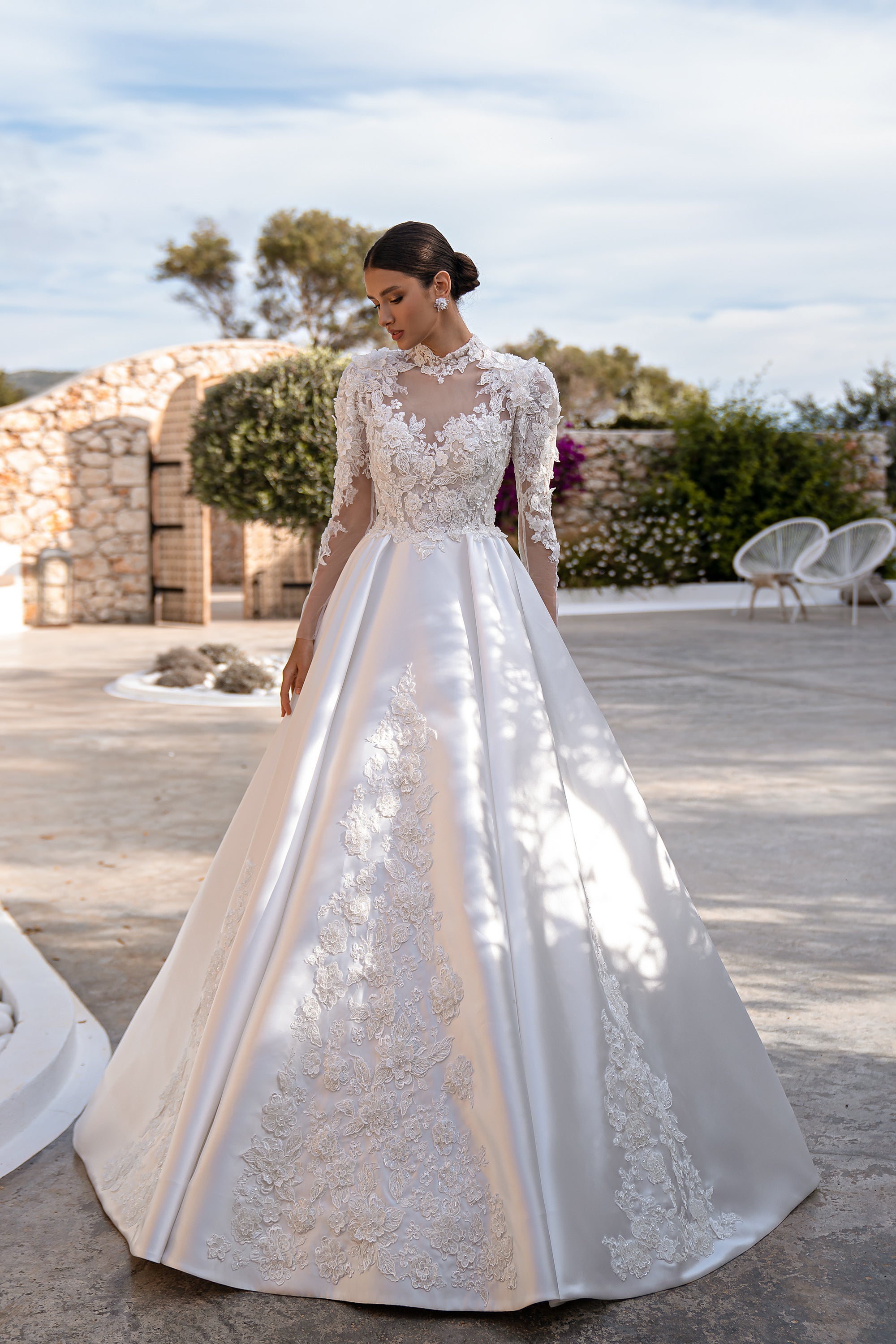 2-in-1 Lace Long Sleeve Ball Gown Wedding Dress with Satin Overskirt