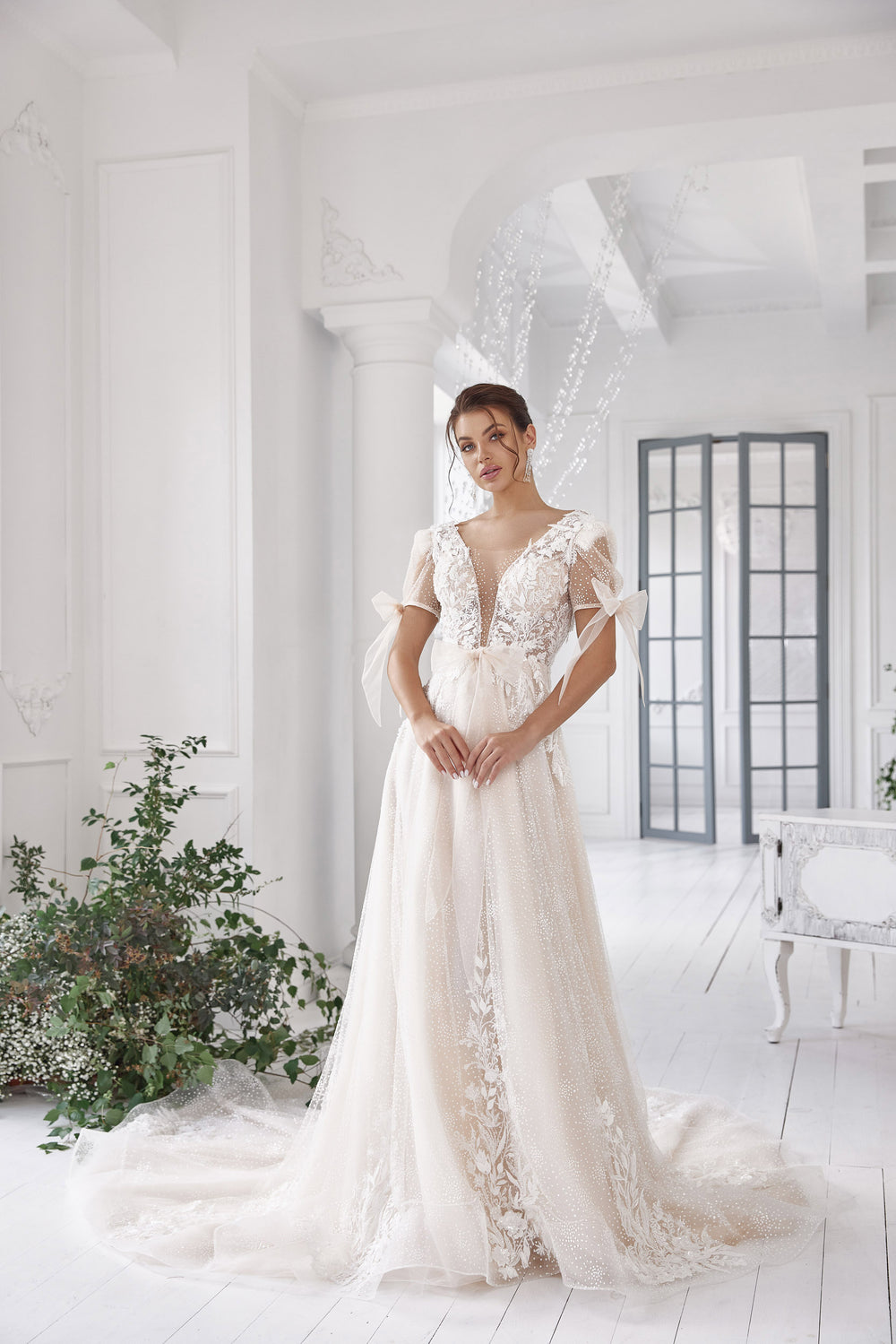 A-Line Wedding Dress with Floral Lace and Puff Sleeves