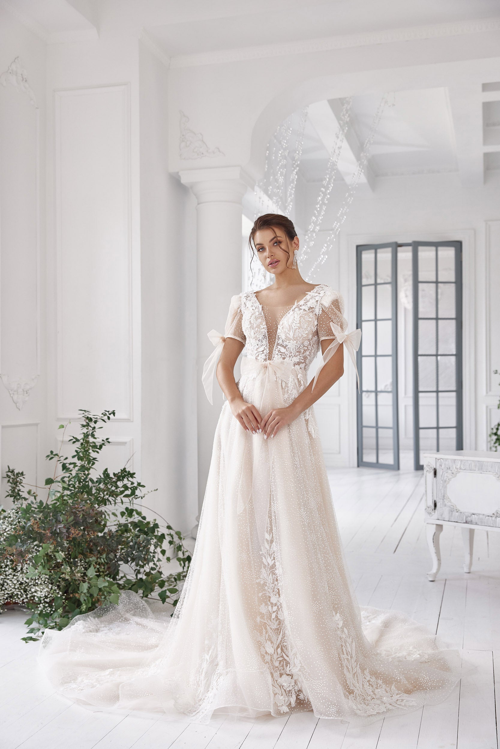 A-Line Wedding Dress with Floral Lace and Puff Sleeves