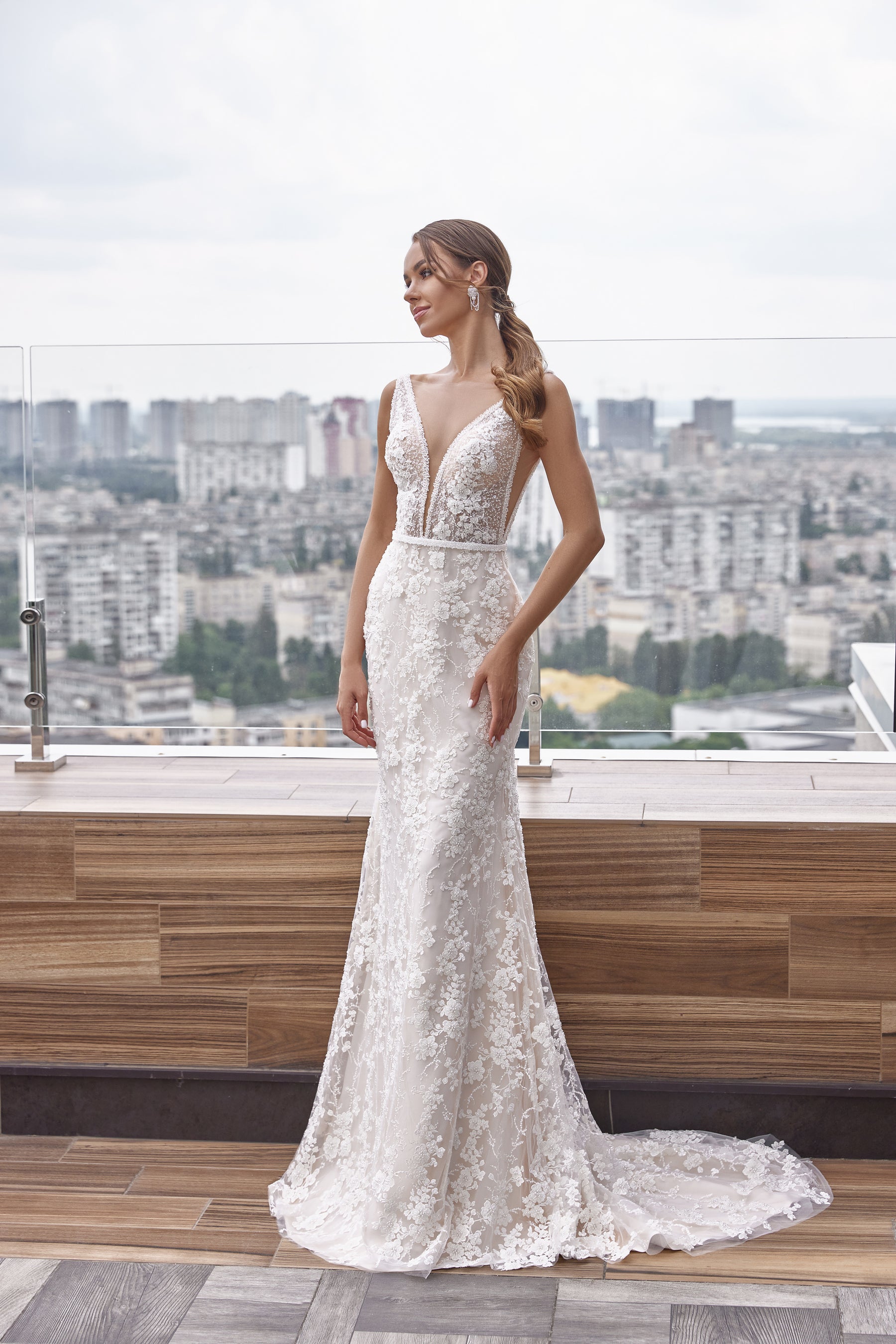 Mermaid V-Neck Lace Dress with Floral Lace Appliques, Sleeveless, Embellished Bodice, Cathedral Train, Romantic Bridal Gown