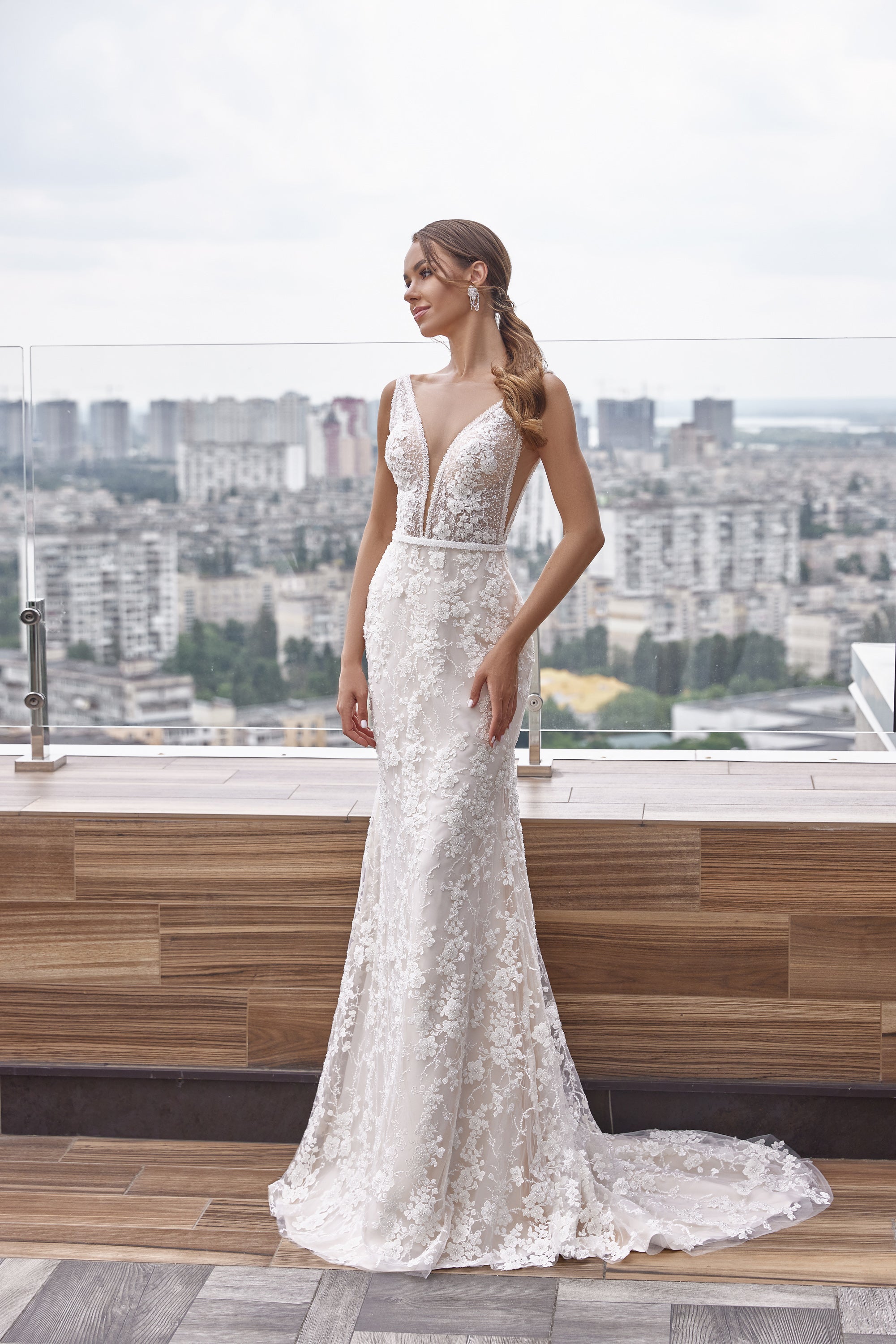 Mermaid V-Neck Lace Dress with Floral Lace Appliques, Sleeveless, Embellished Bodice, Cathedral Train, Romantic Bridal Gown