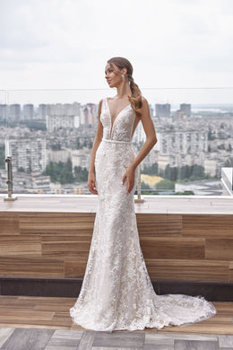 Mermaid V-Neck Lace Dress with Floral Lace Appliques, Sleeveless, Embellished Bodice, Cathedral Train, Romantic Bridal Gown