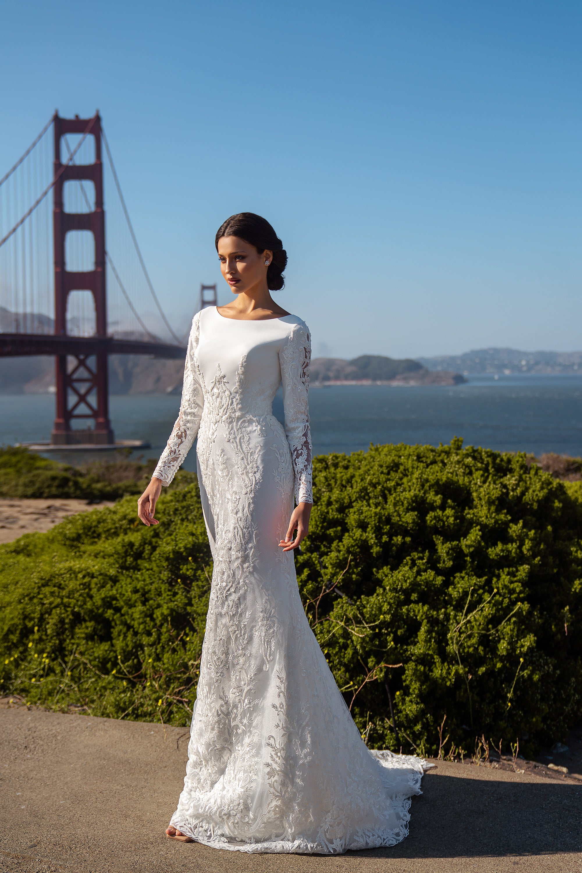 Sheath Wedding Dress with Long Lace Sleeves and Detachable Overskirt