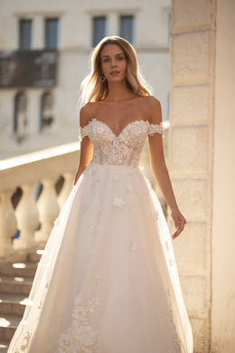 Elegant A-Line Wedding Dress with 3D Lace, Tulle Fabric, Sweetheart Neck, Long Sleeves, and Lace at the Train