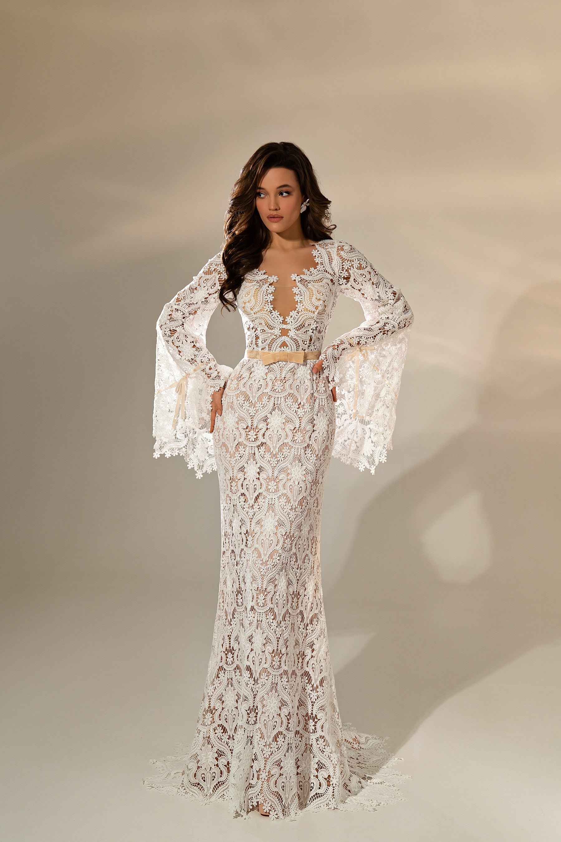 Romantic Lace Mermaid Evening Dress with Train, Deep Neckline, Flared Sleeves, Velvet Ribbon & Macrame Guipure Elements