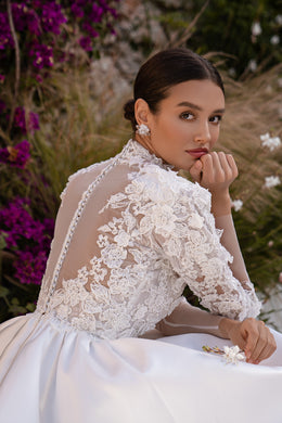 2-in-1 Lace Long Sleeve Ball Gown Wedding Dress with Satin Overskirt