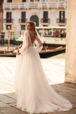 Rustic A-Line Wedding Gown with Tulle Fabric, Puffy Sleeves, V-Neck, and Open Back