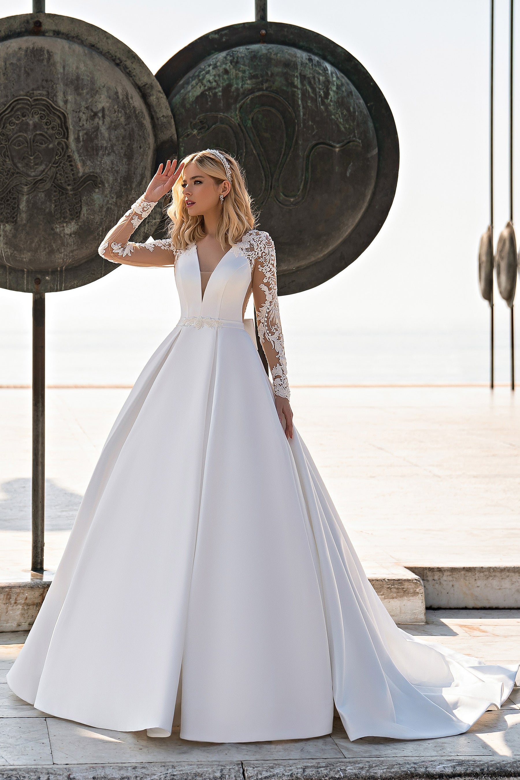 Mikado Ball Gown Wedding Dress with Lace Sleeves