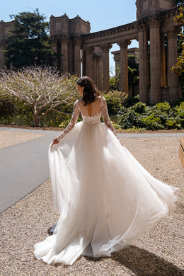 Sheath Wedding Dress with Long Lace Sleeves and Overskirt