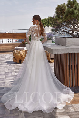 A-Line Wedding Dress with Lace Appliqués, Floral Embroidery, Illusion Neck, Long Sleeves, Tulle Skirt, Cathedral Train, Romantic