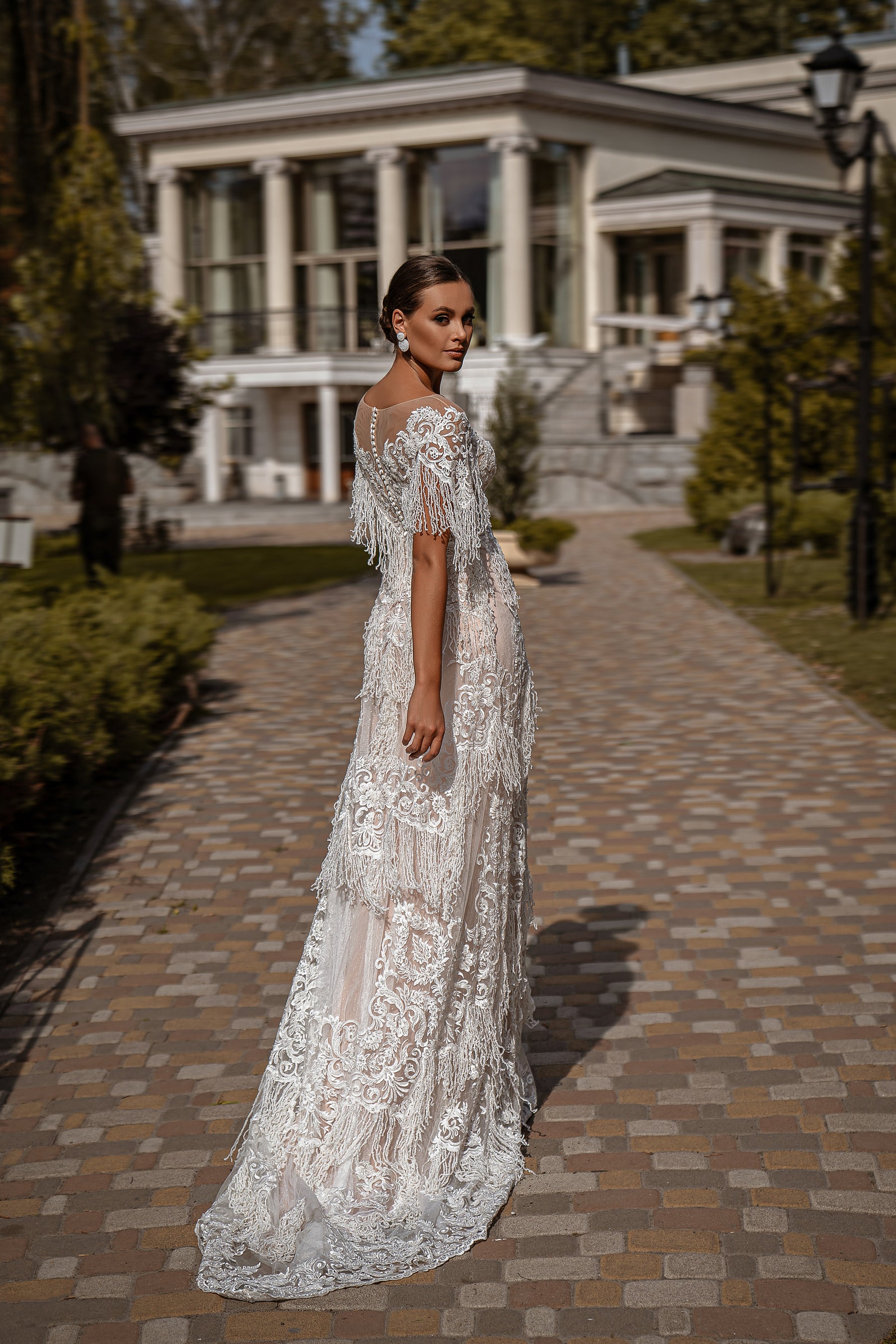 Sheath Wedding Dress with Illusion Neckline and Beaded Fringe